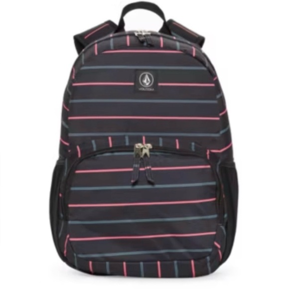 Volcom Womens Poly Backpack Sunstone School Backpack Black Pink Stripes New - Picture 1 of 8